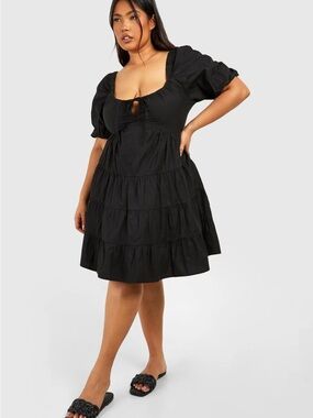 Express Ruffle Tiered Skirt Puff Sleeve Tie Bow Front Mini Dress in Black Medium